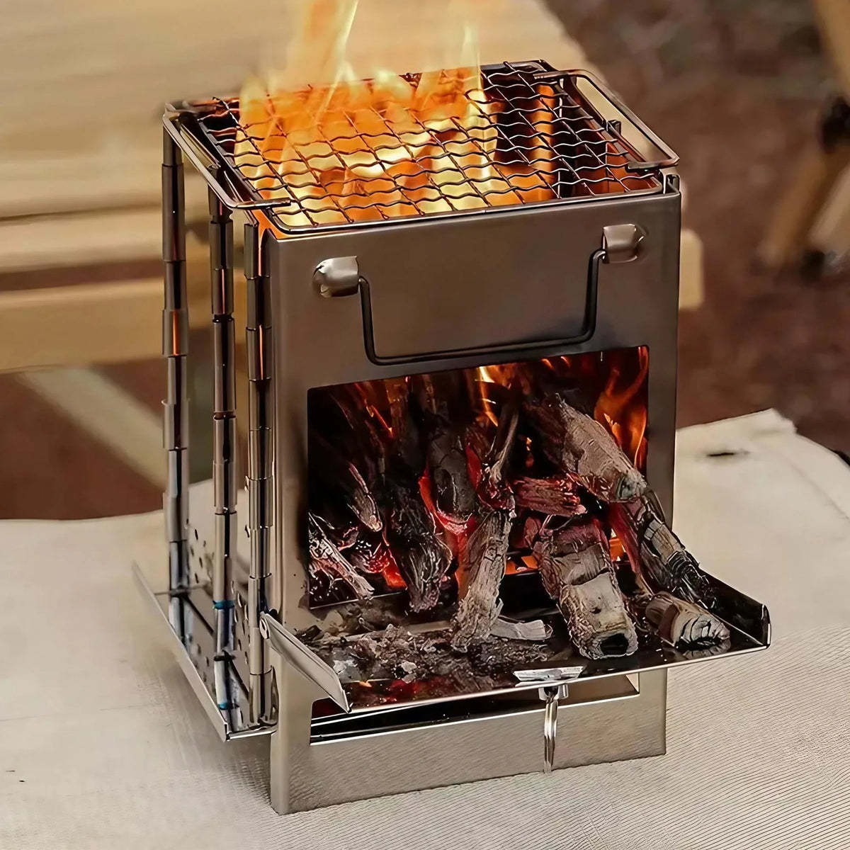 Portable Wood Stove - Foldable Stainless Steel Camping BBQ Grill