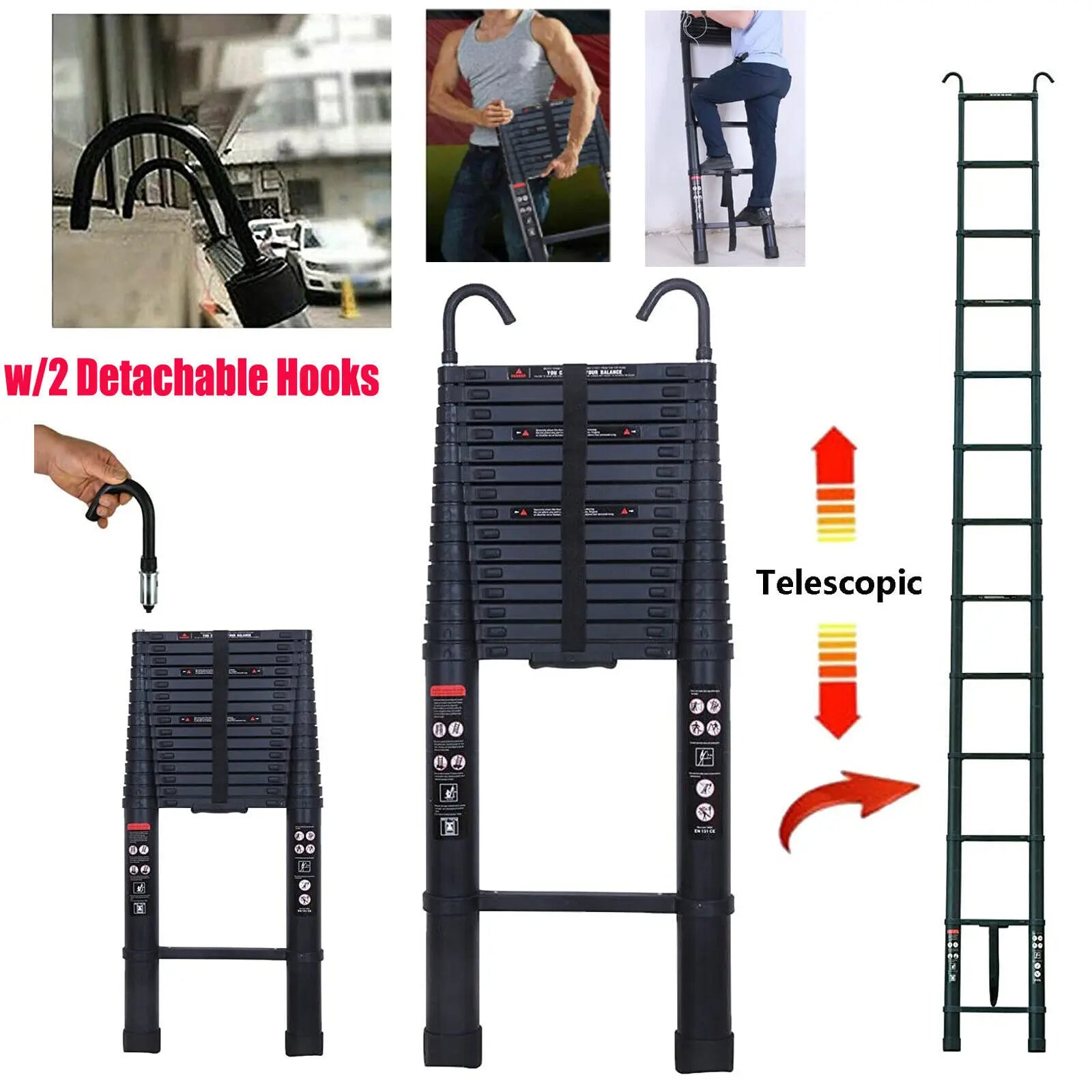 20.3 ft Telescopic Ladder - 14-Step Aluminium Extension with Hooks