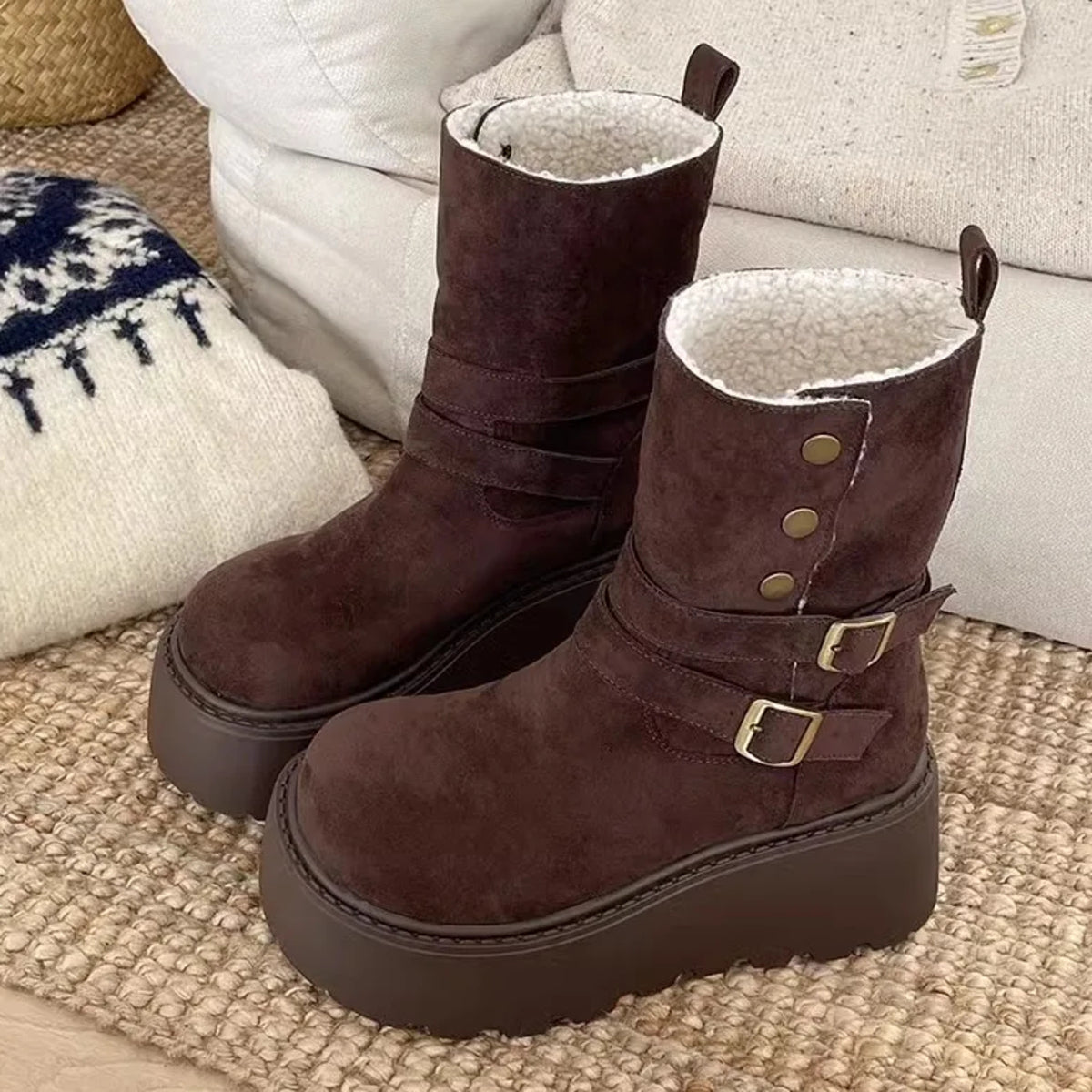 Women's Platform Snow Boots - Thick Bottom Fur Lined Outdoor Shoes