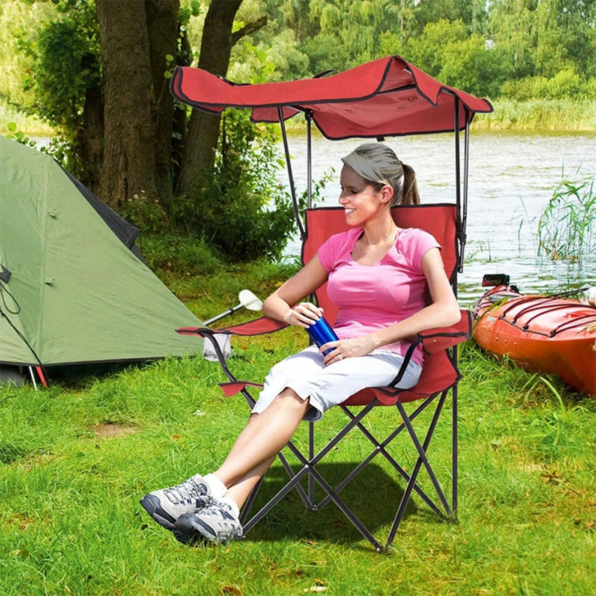 All-in-One Folding Camp Chair with Shade - Outdoor Chair for Hiking Beach & Fishing