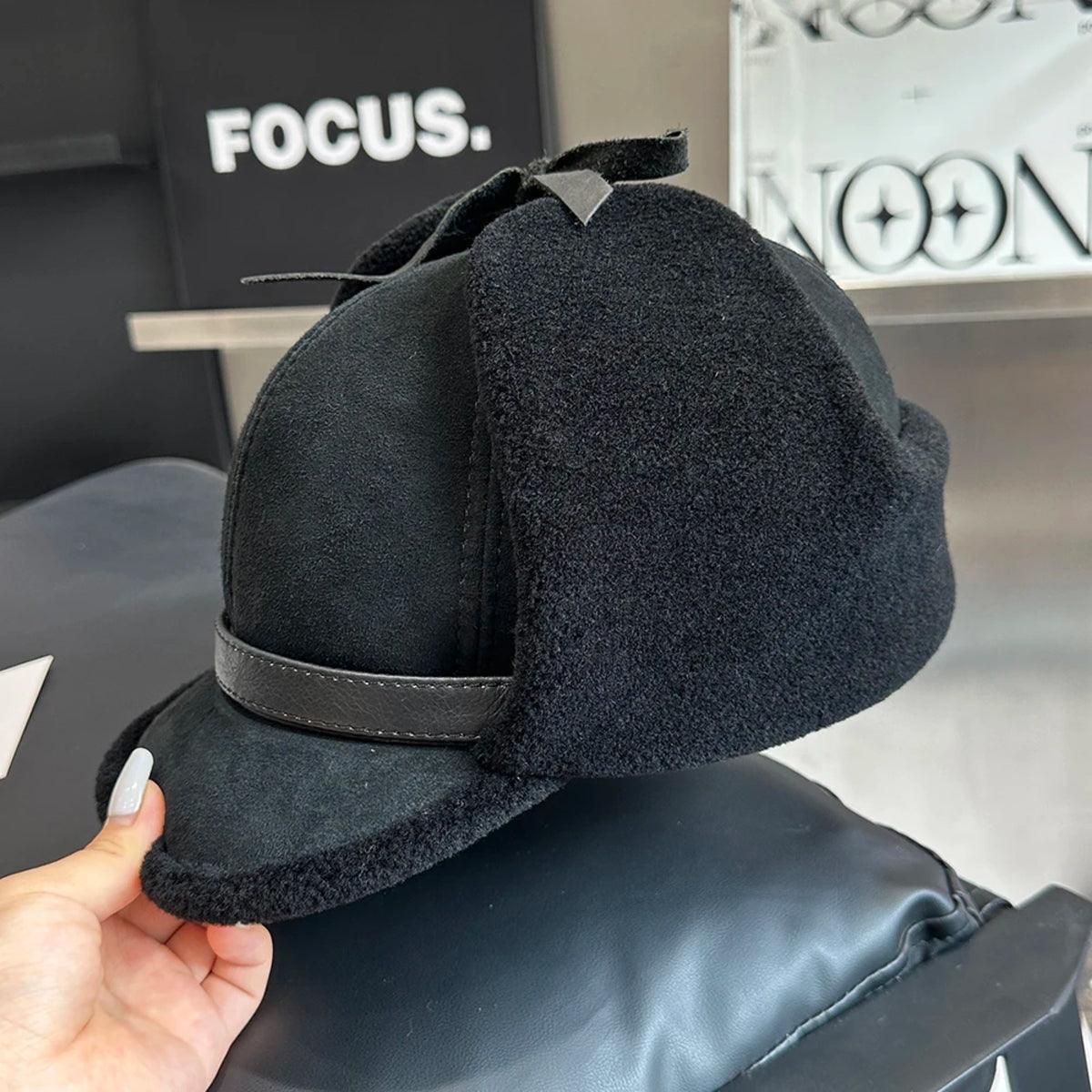 Men's Leather Winter Hat - Fur Lined Bomber Cap with Warm Earflaps