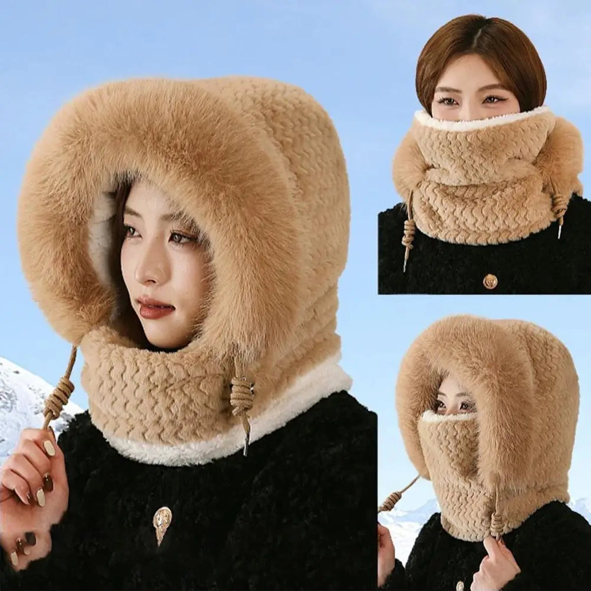 Women's Winter Plush Hat & Scarf Set - Windproof Thermal Hood with Ear Protection