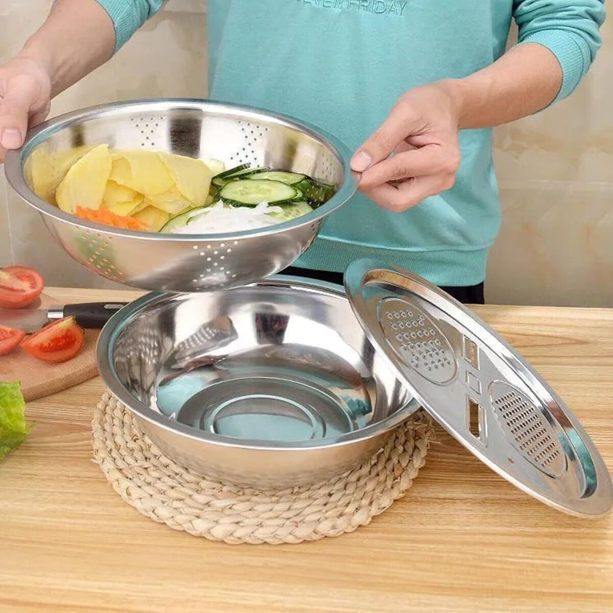 3-Piece Stainless Steel Strainer Mixing Bowl Set for Fruit and Veg Prep