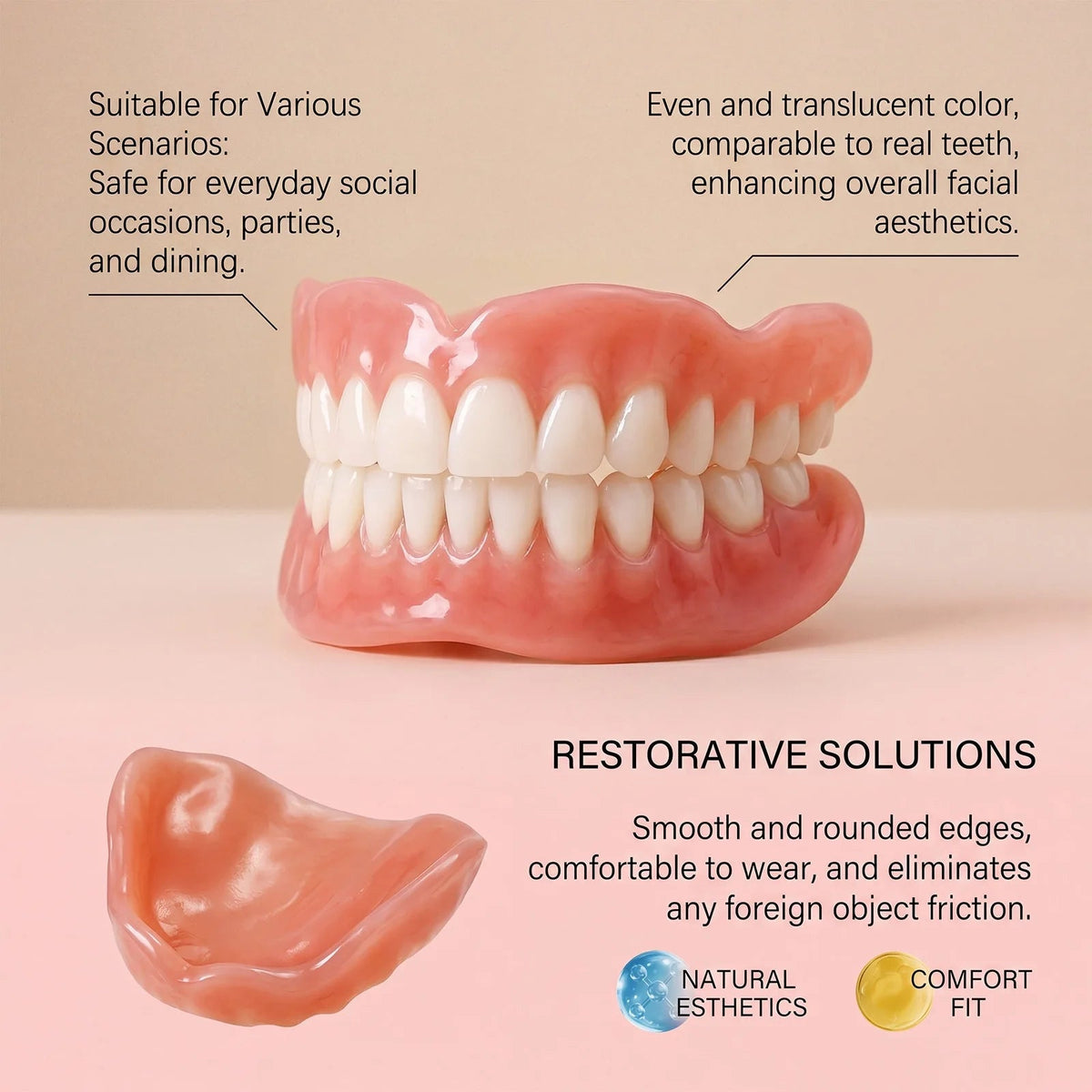 Full Mouth Silicone Dentures Natural-Looking Upper & Lower Replacement Teeth