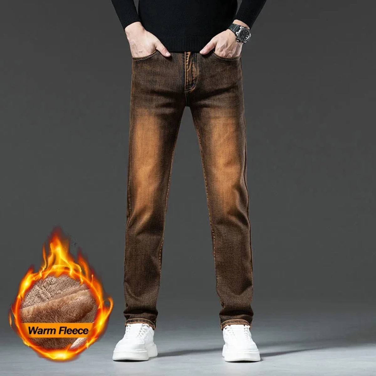 Men's Brown Vintage Winter Jeans - Thick Velvet Warm Elastic Straight Denim