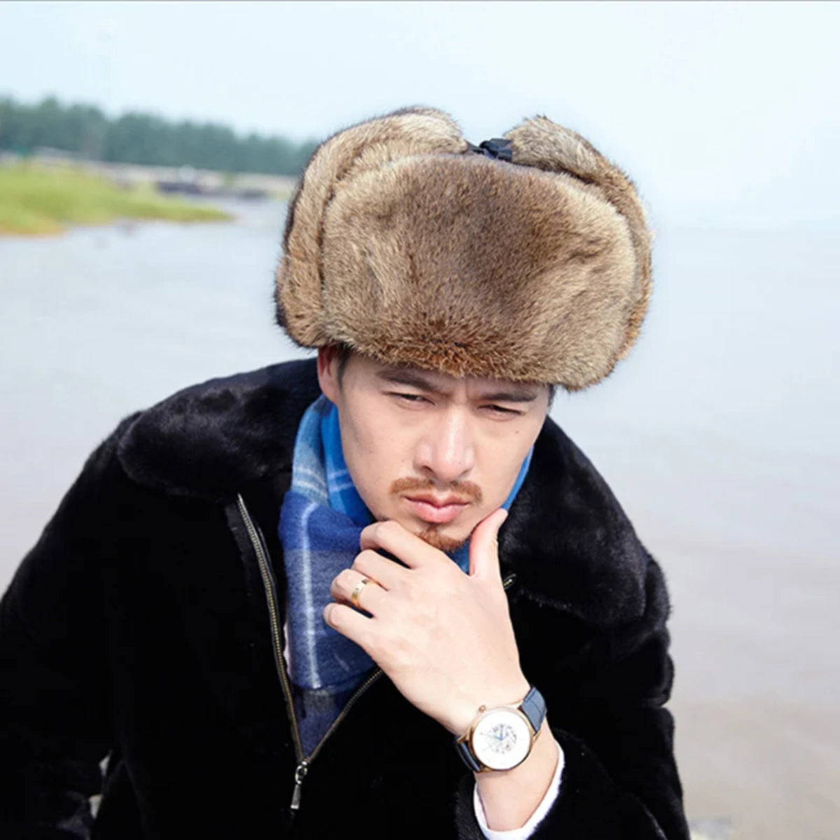 Men's Fur Bomber Hat - Winter Earflap Cap