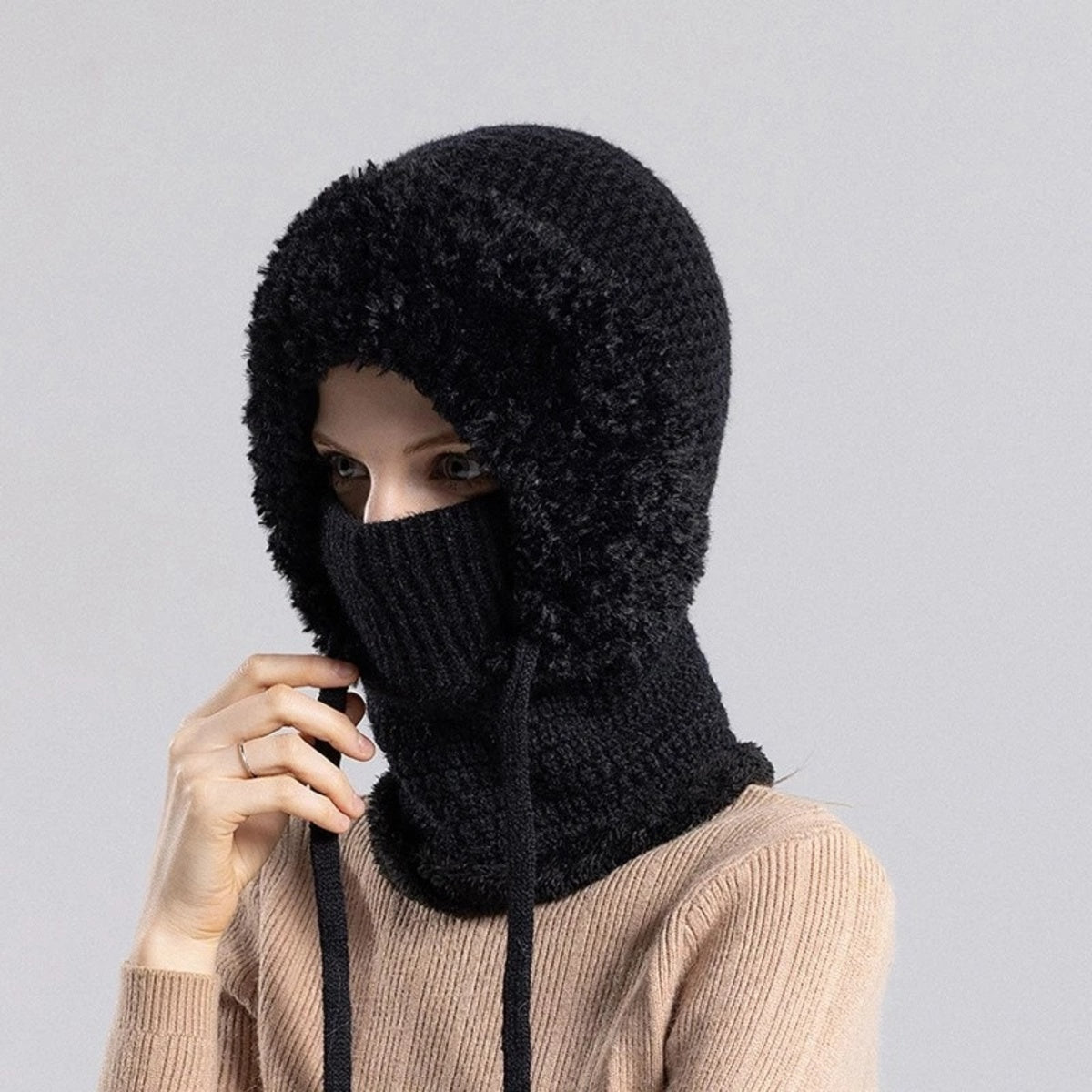 Thermal Fleece Cycling Beanie - Windproof Knit Hat with Ear Covers Neck Warmer