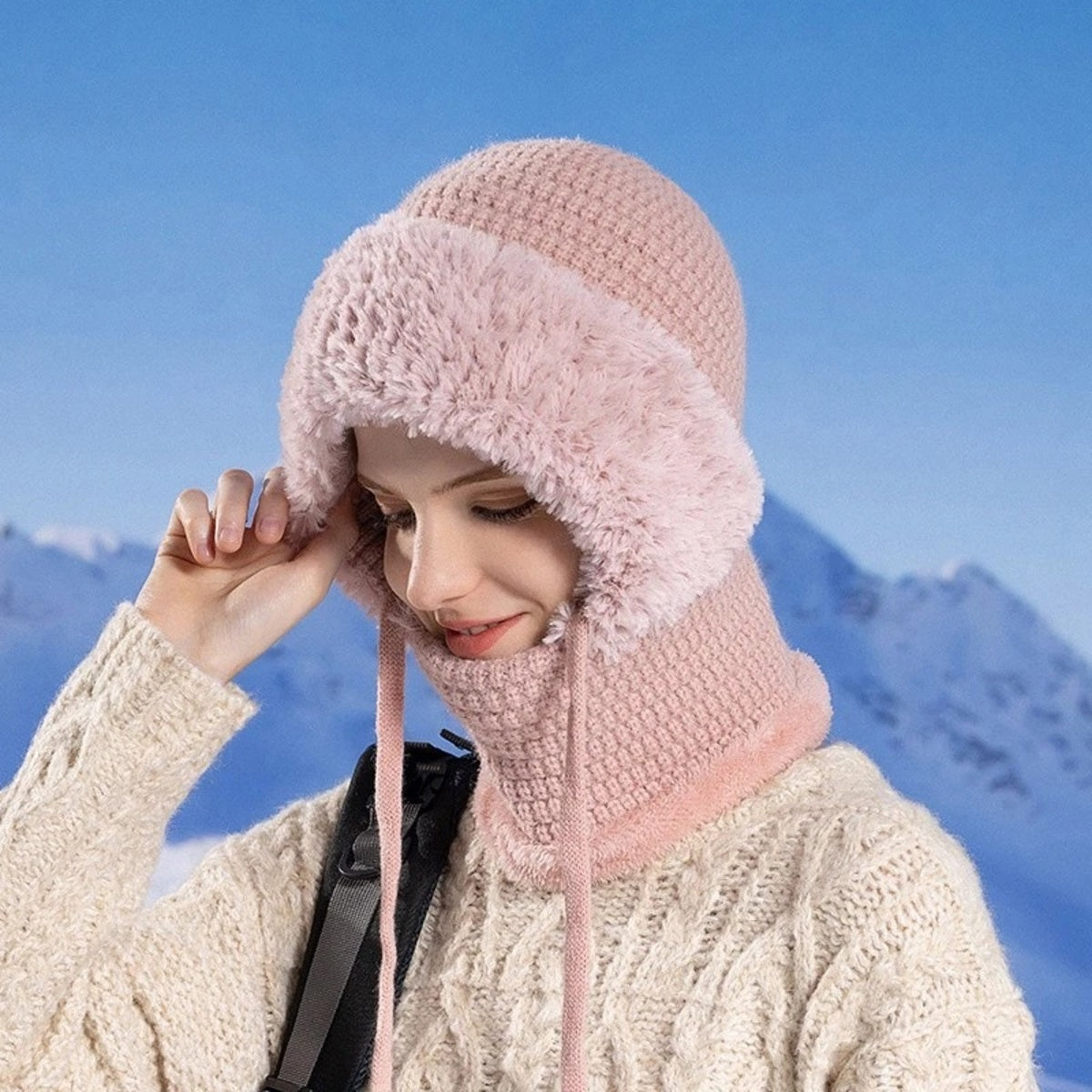 Thermal Fleece Cycling Beanie - Windproof Knit Hat with Ear Covers Neck Warmer