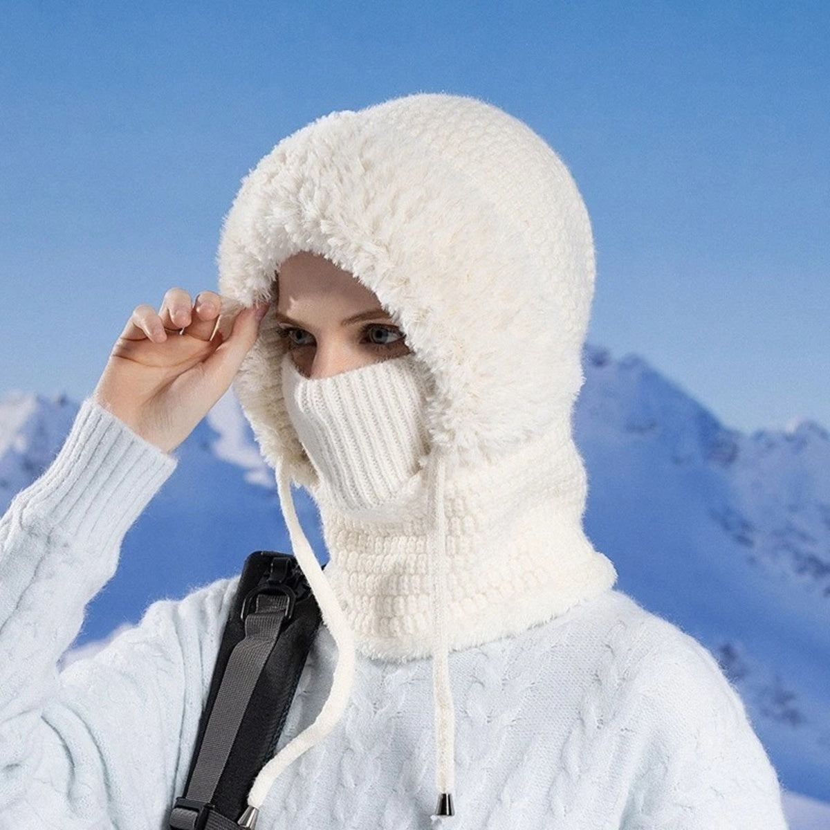 Thermal Fleece Cycling Beanie - Windproof Knit Hat with Ear Covers Neck Warmer