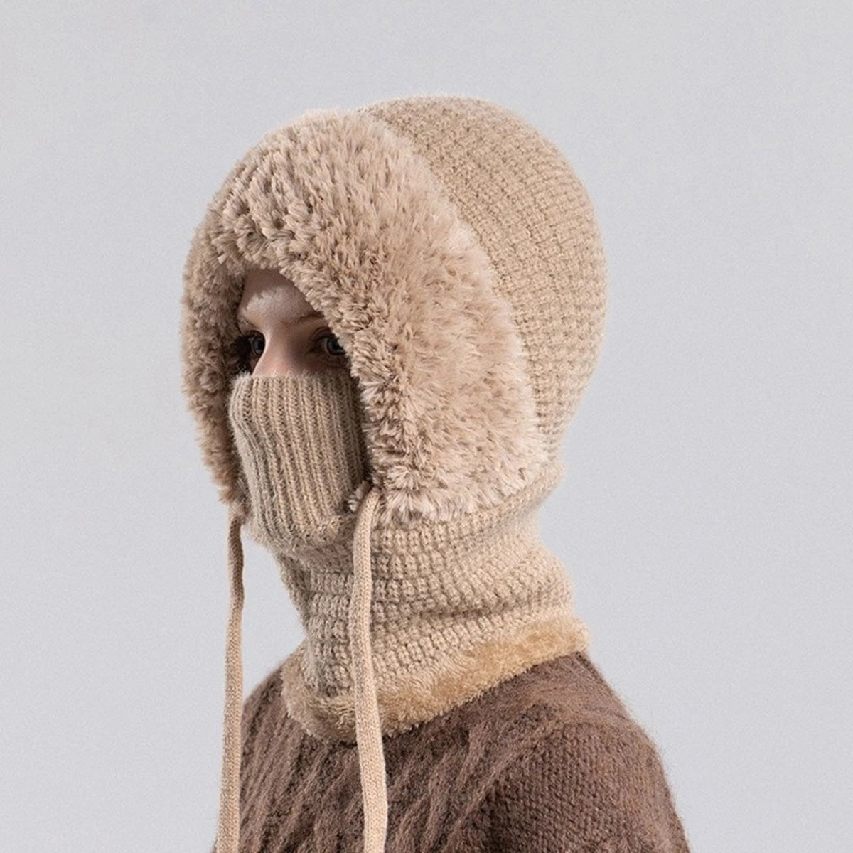 Thermal Fleece Cycling Beanie - Windproof Knit Hat with Ear Covers Neck Warmer