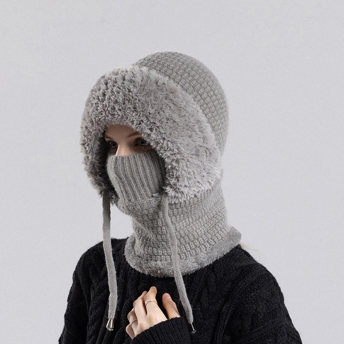 Thermal Fleece Cycling Beanie - Windproof Knit Hat with Ear Covers Neck Warmer