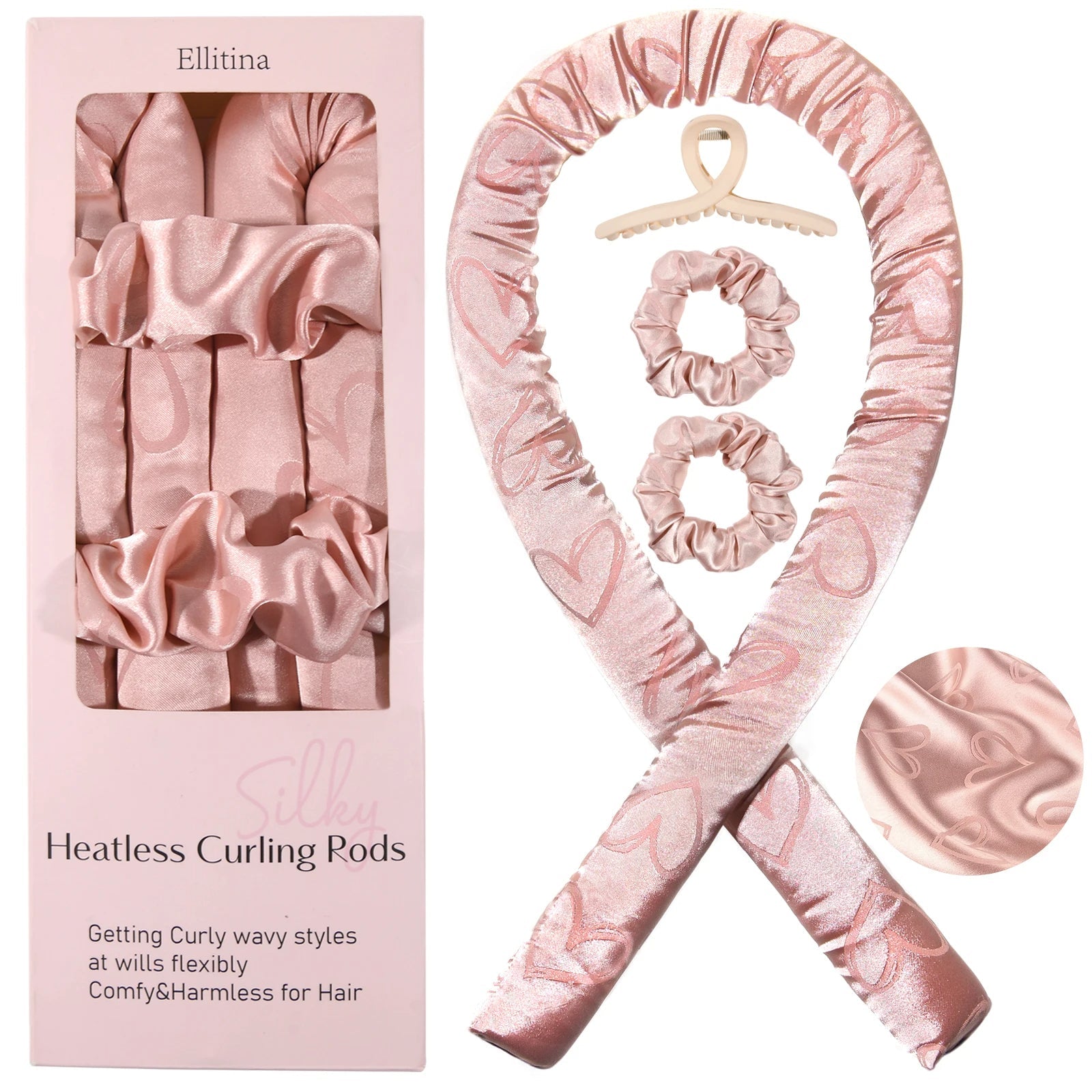 4-Pc Silk Heatless Curling Gift Kit - Love-Print Rods and Satin Headband