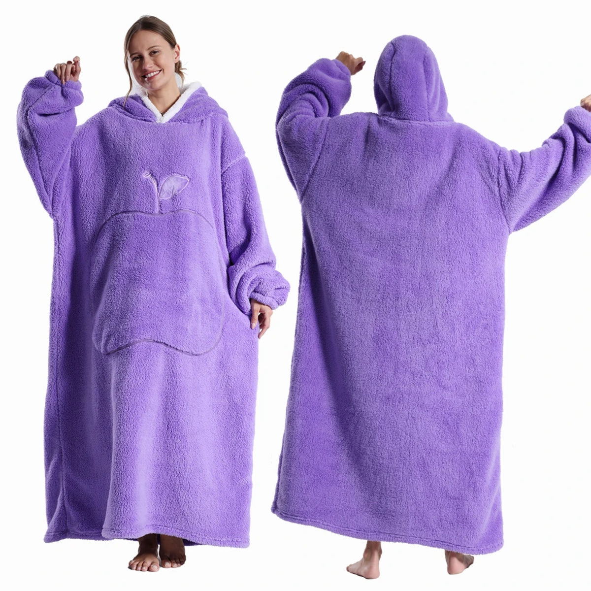 Extra Long Wearable Blanket - Hooded Flannel with Sleeves for Adults