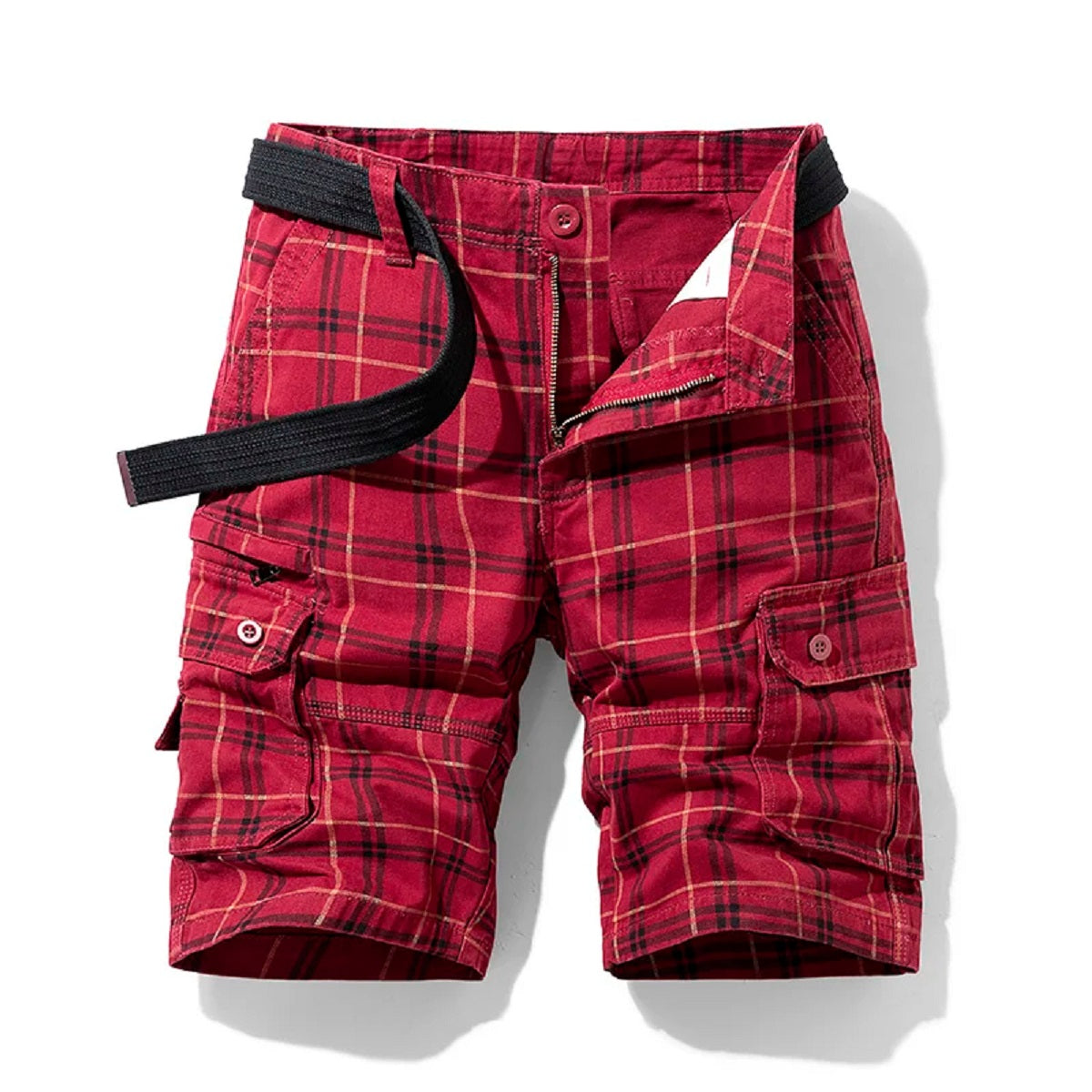 Men's Plaid Cargo Shorts - Cotton Quick-Dry Breeches with Multi Pockets