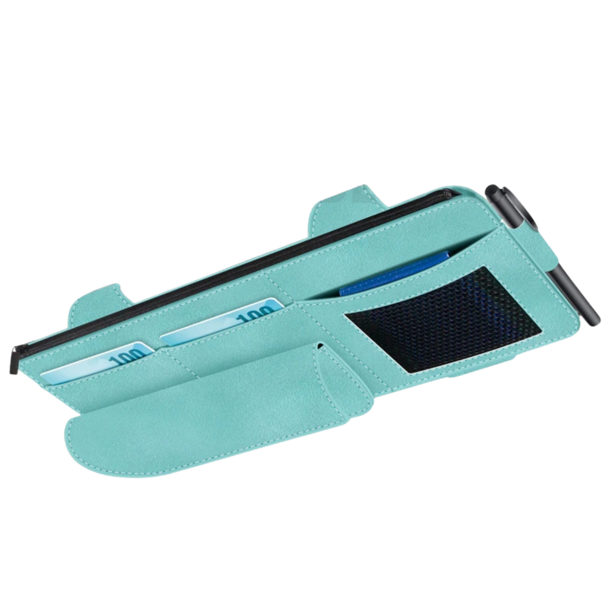 Car Sun Visor Organiser - Suede Leather Storage Bag with Glasses Clip and Card Holder