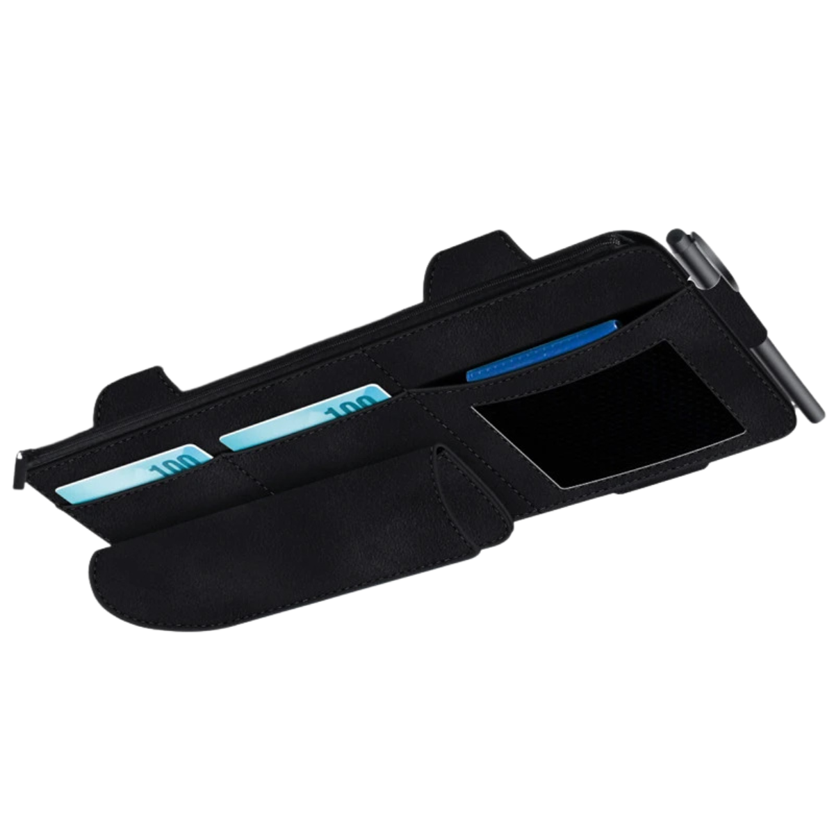 Car Sun Visor Organiser - Suede Leather Storage Bag with Glasses Clip and Card Holder
