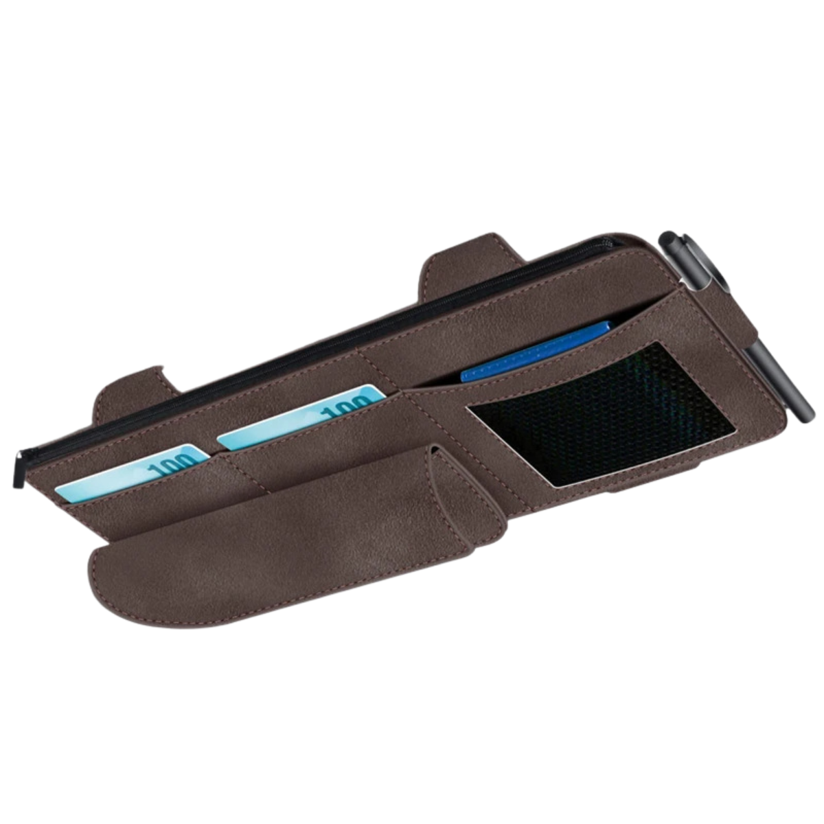 Car Sun Visor Organiser - Suede Leather Storage Bag with Glasses Clip and Card Holder