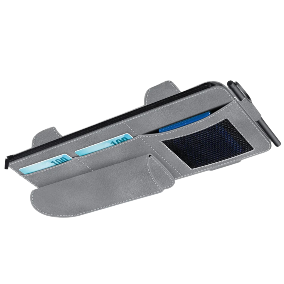 Car Sun Visor Organiser - Suede Leather Storage Bag with Glasses Clip and Card Holder