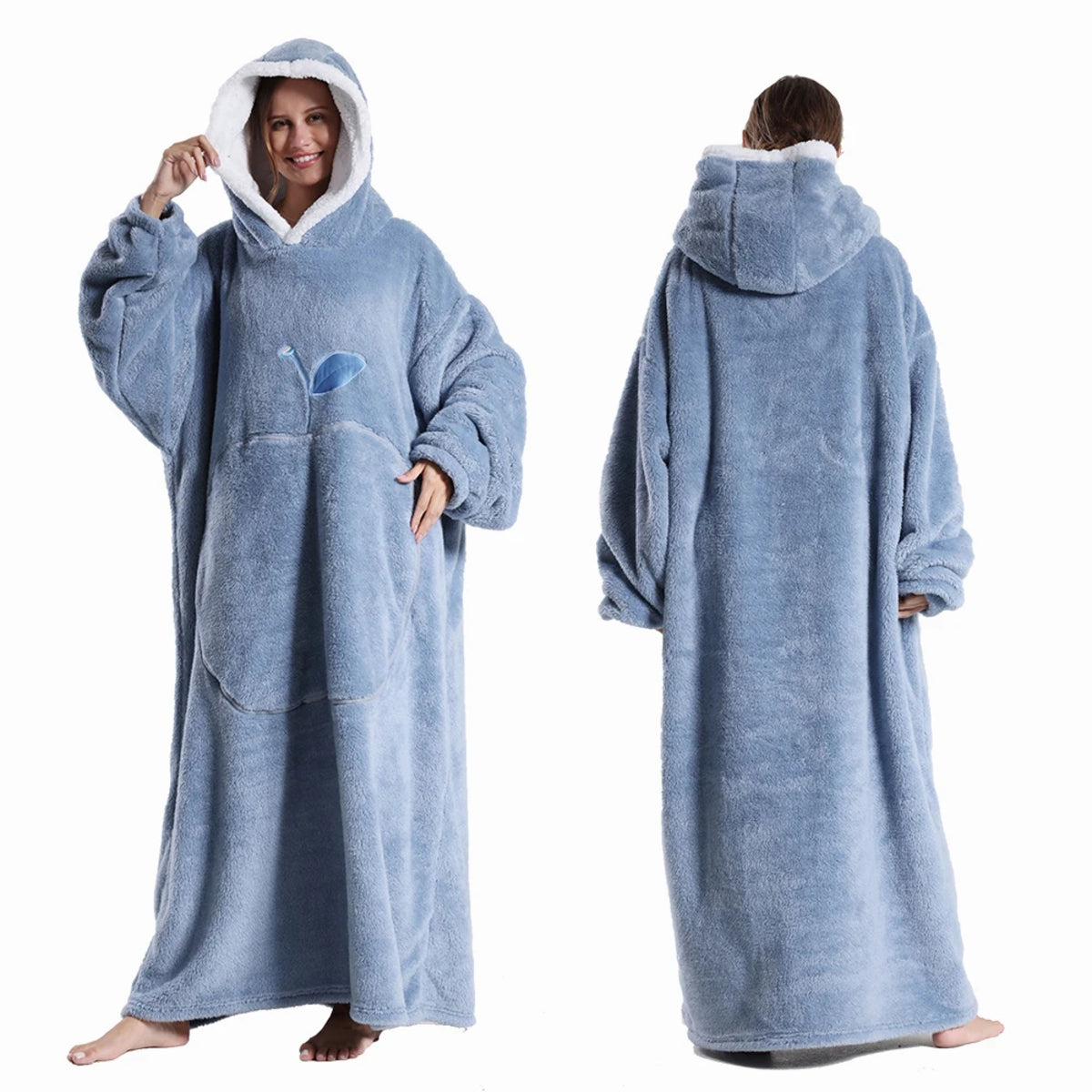 Extra Long Wearable Blanket - Hooded Flannel with Sleeves for Adults