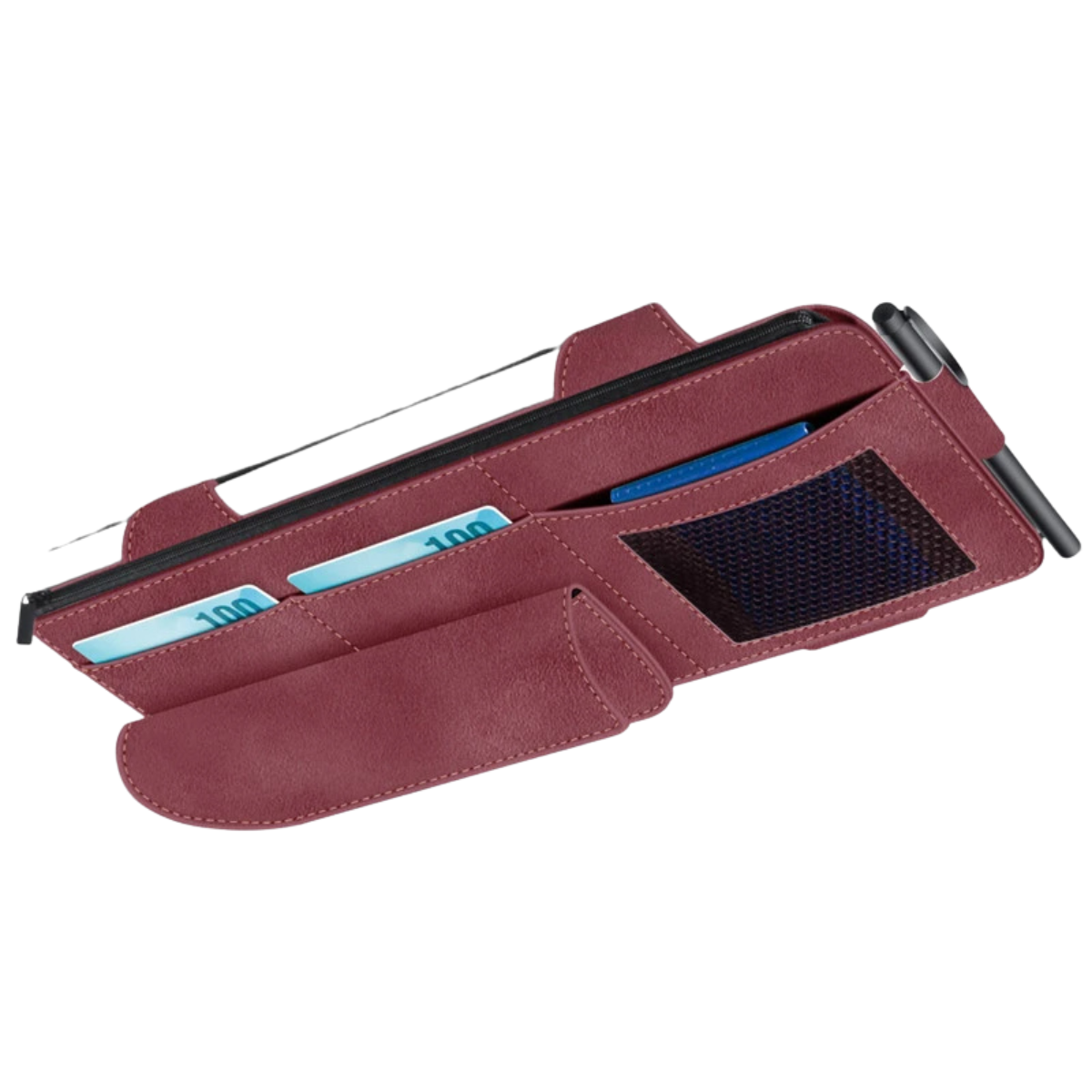 Car Sun Visor Organiser - Suede Leather Storage Bag with Glasses Clip and Card Holder