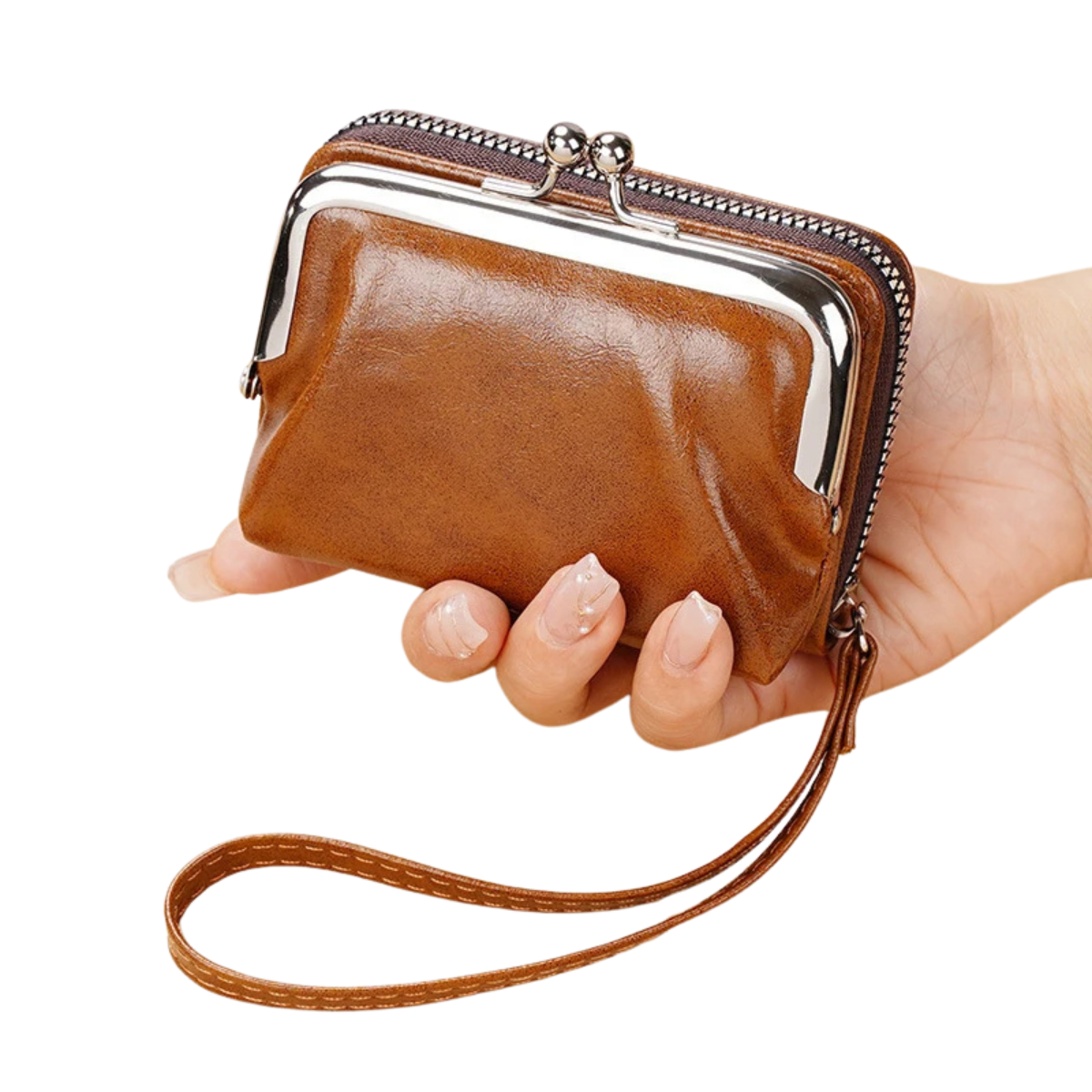 Women's Wallet Wrist Vintage Coin Purse with Zipper and Kiss Lock