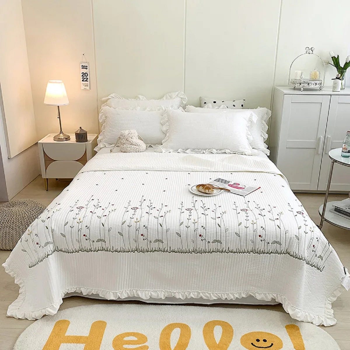Korean Princess Flowers Embroidery Quilt Blanket Bedding Set
