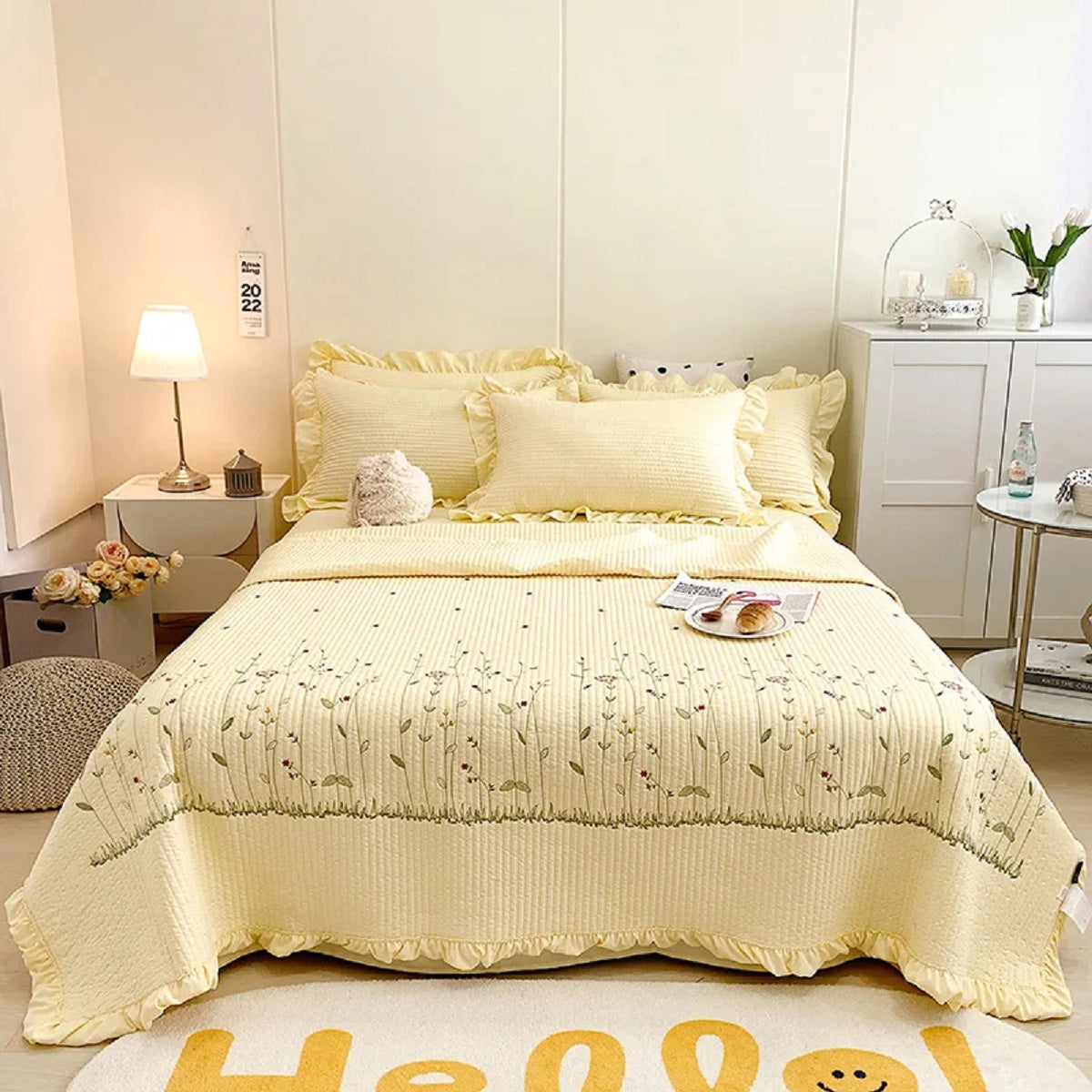 Korean Princess Flowers Embroidery Quilt Blanket Bedding Set
