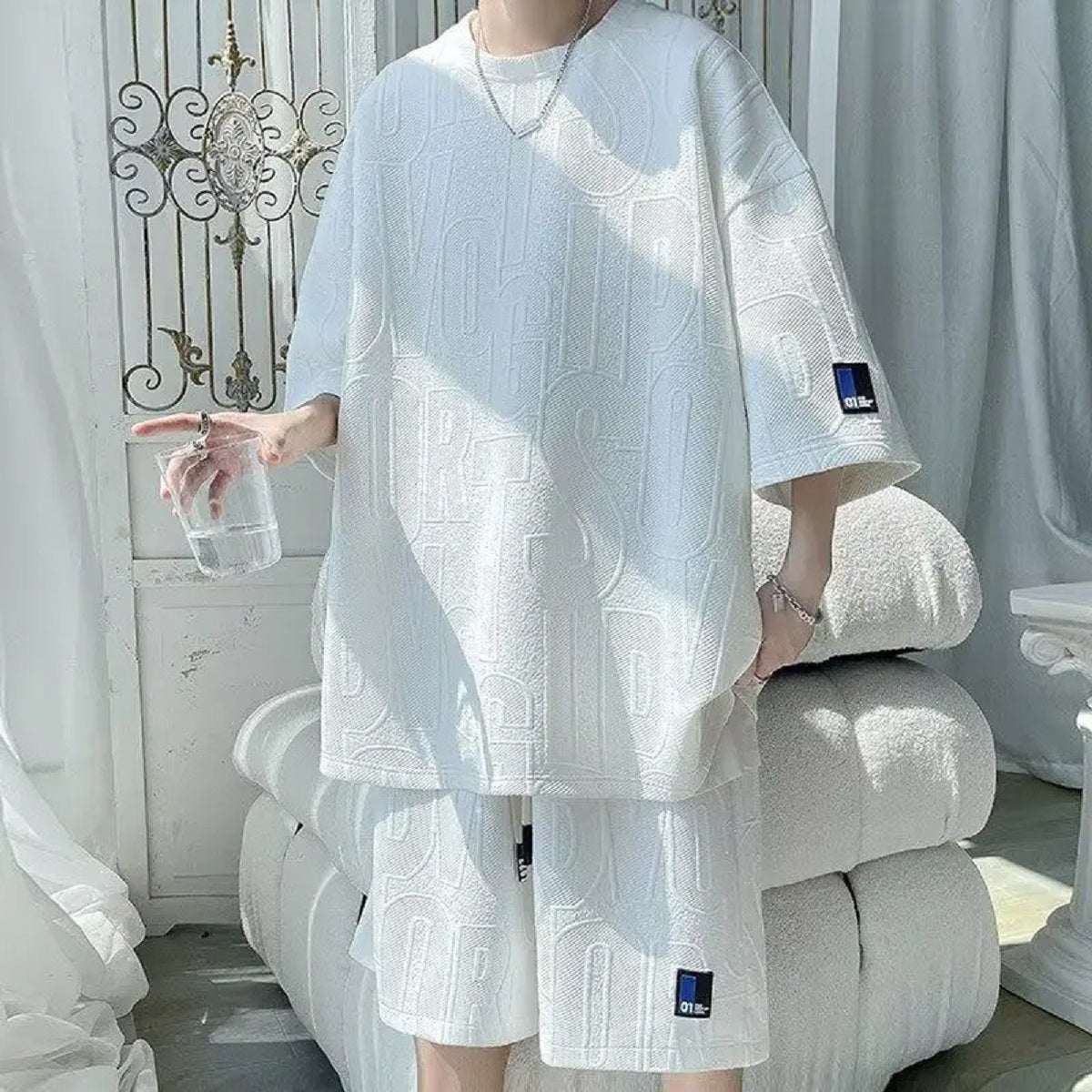 Men's 3D Waffle Summer Tracksuit - Casual T-Shirt and Shorts Set
