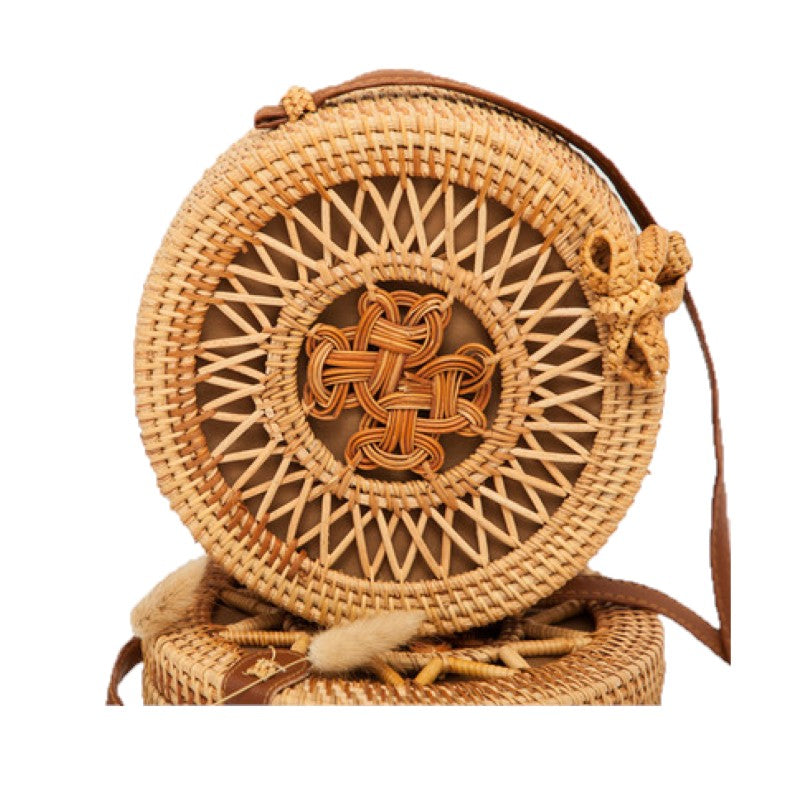 Handwoven Round Rattan Bag Tropical Beach Style