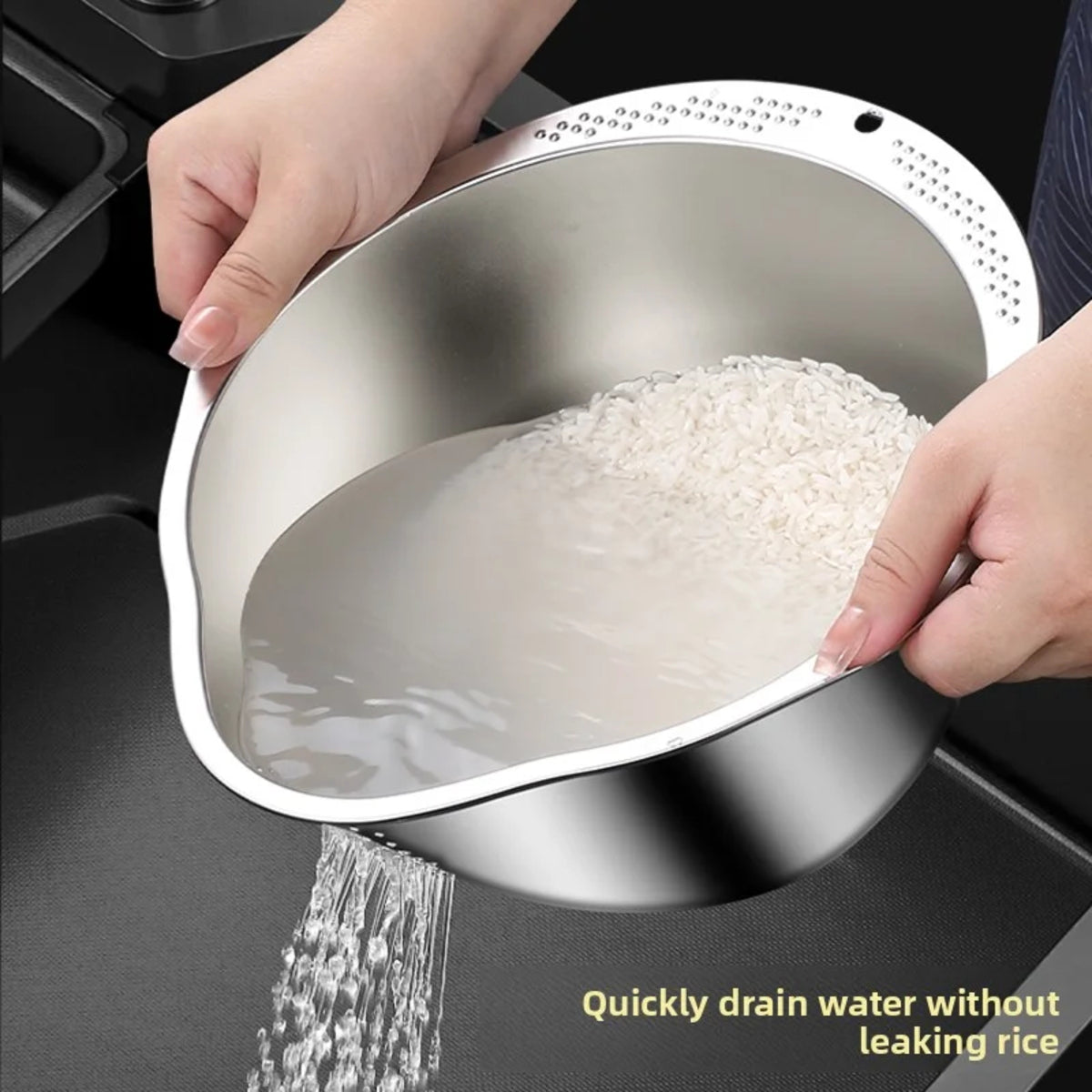 Rice Strainer Bowl - Stainless Steel Washing and Colander for Kitchen