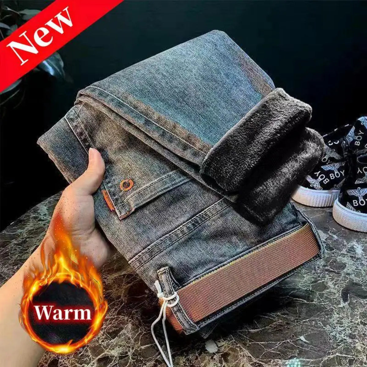 Men's Vintage Winter Jeans - Warm Stretch Slim Casual Denim Pants