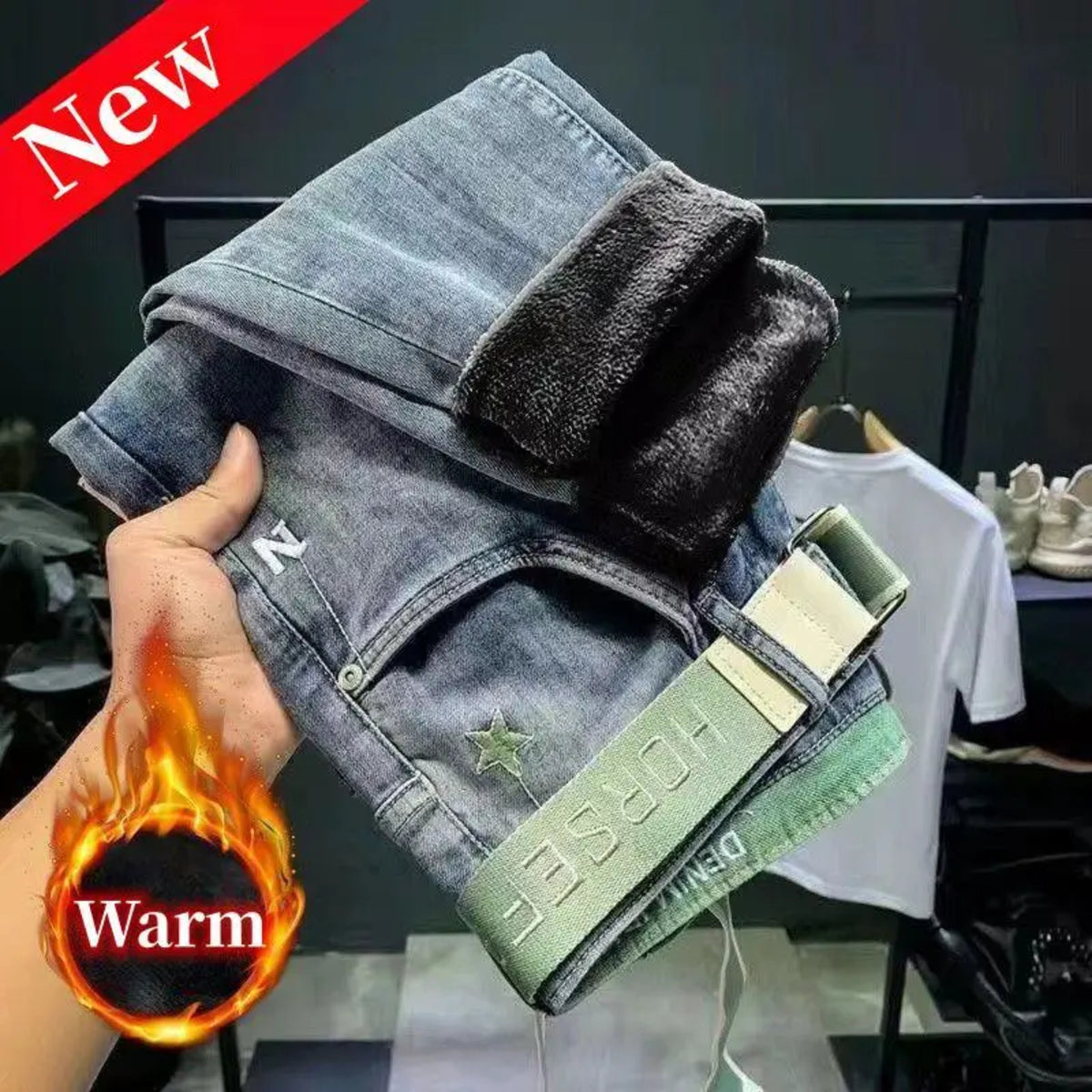 Men's Vintage Winter Jeans - Warm Stretch Slim Casual Denim Pants