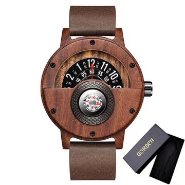 Turntable Compass Wooden Watch - Real Walnut & Ebony Timepiece for Men
