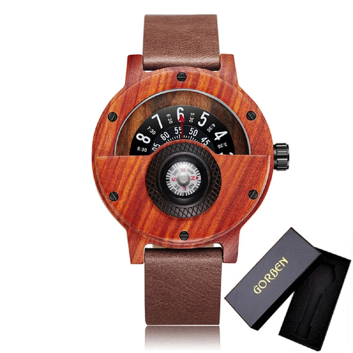 Turntable Compass Wooden Watch - Real Walnut & Ebony Timepiece for Men