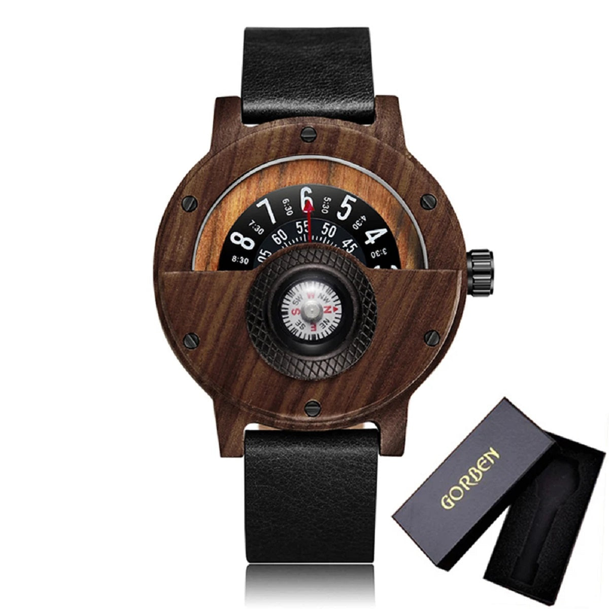 Turntable Compass Wooden Watch - Real Walnut & Ebony Timepiece for Men