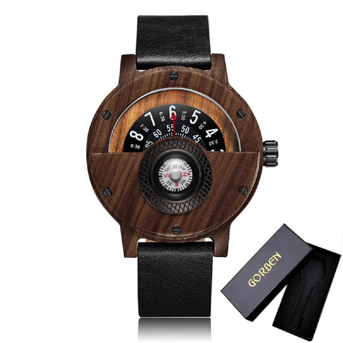 Turntable Compass Wooden Watch - Real Walnut & Ebony Timepiece for Men