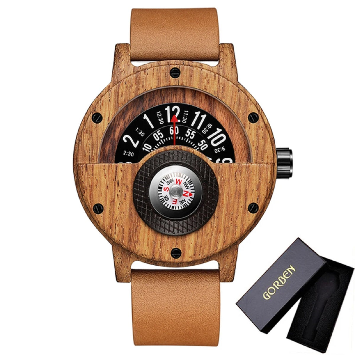 Turntable Compass Wooden Watch - Real Walnut & Ebony Timepiece for Men