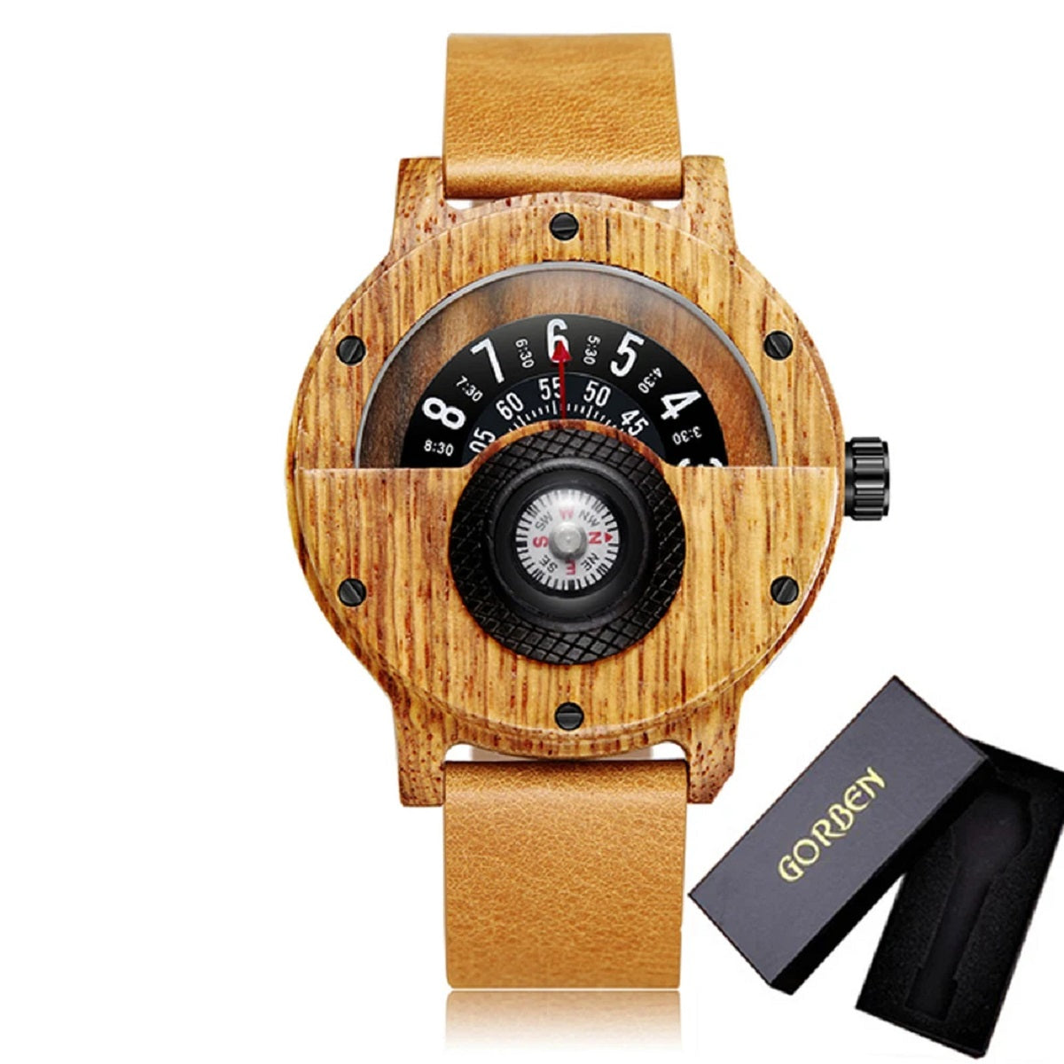 Turntable Compass Wooden Watch - Real Walnut & Ebony Timepiece for Men