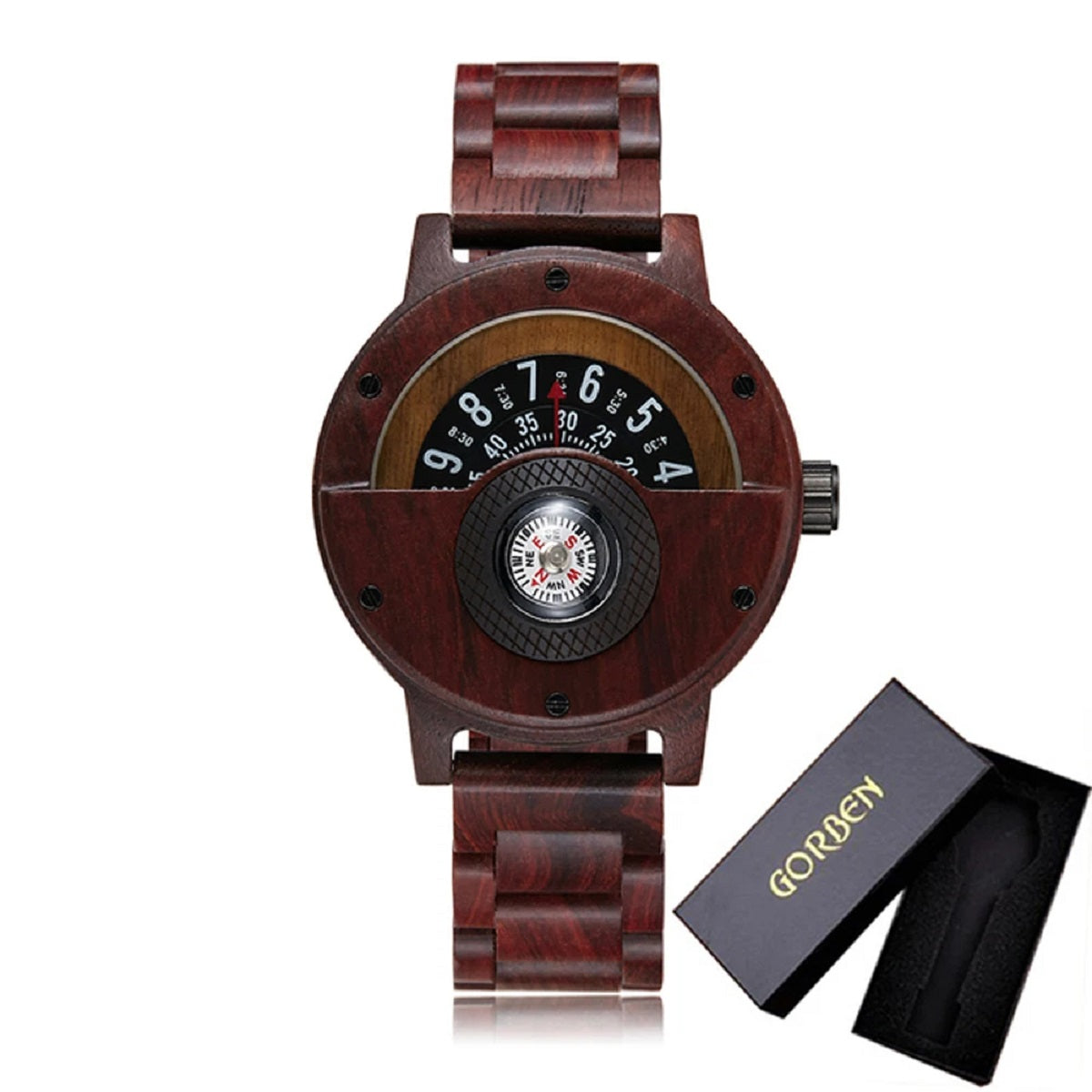 Turntable Compass Wooden Watch - Real Walnut & Ebony Timepiece for Men