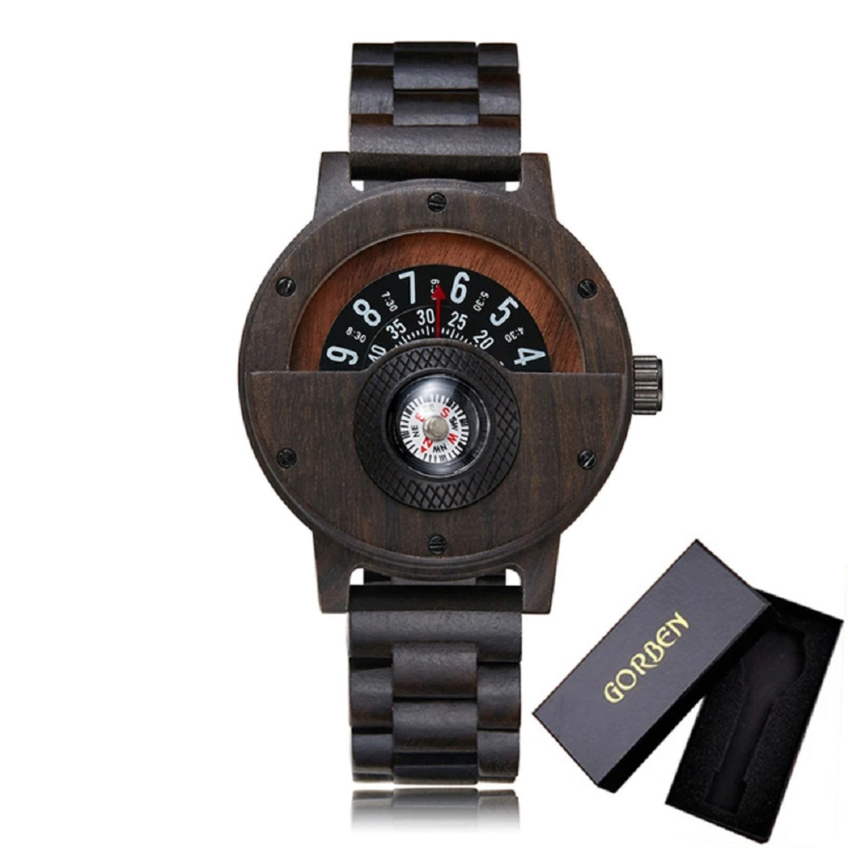 Turntable Compass Wooden Watch - Real Walnut & Ebony Timepiece for Men