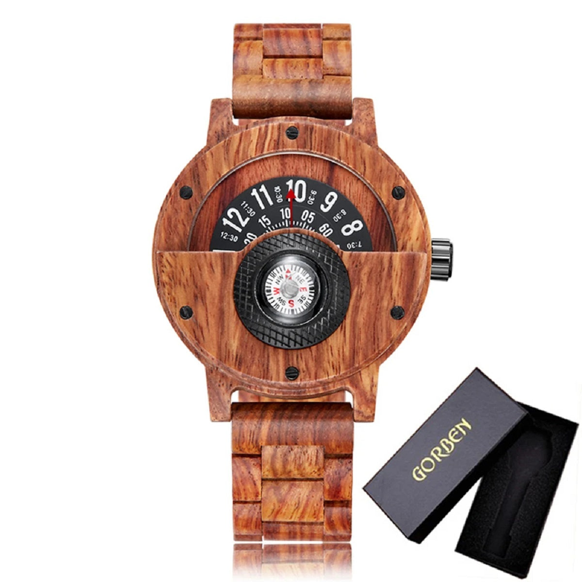 Turntable Compass Wooden Watch - Real Walnut & Ebony Timepiece for Men