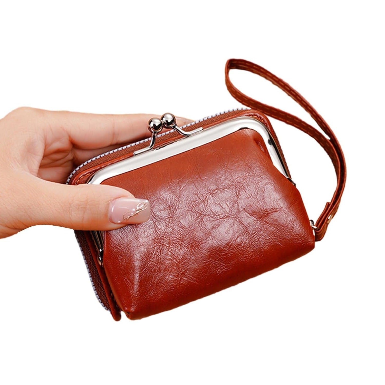 Women's Wallet Wrist Vintage Coin Purse with Zipper and Kiss Lock