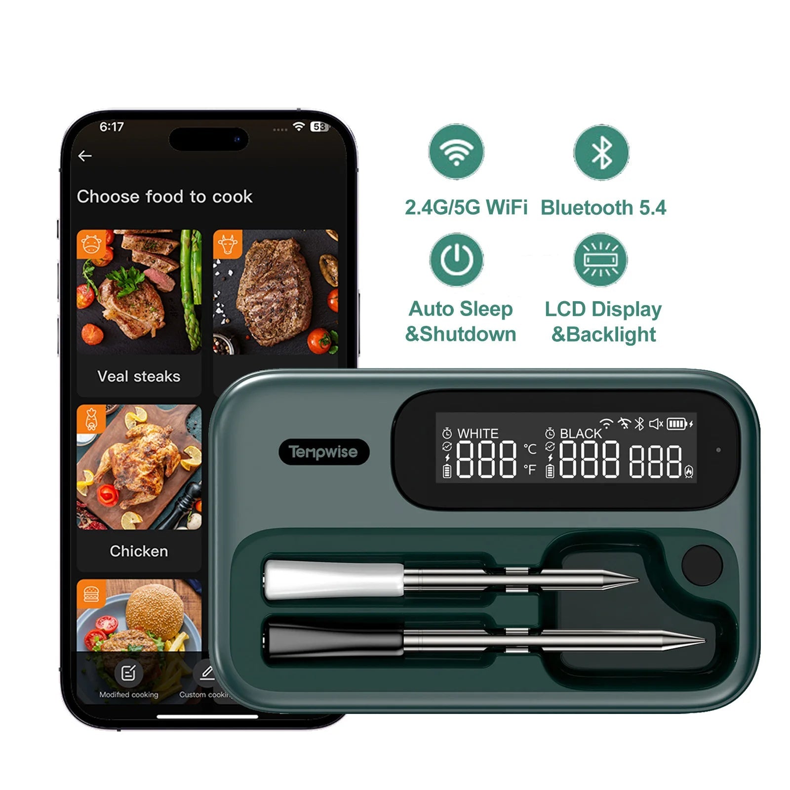 Wireless Bluetooth Meat Thermometer - Long and Short Probe Bbq Gauge