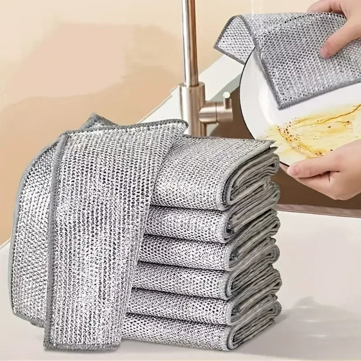 Steel Wire Cleaning Cloths - Double-Layer Silver Fibre Dishcloths for Kitchen
